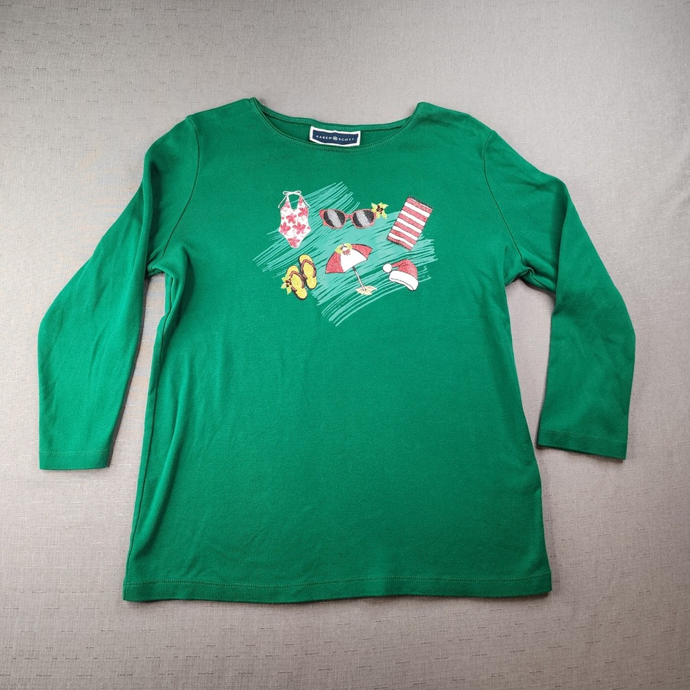 Karen Scott Christmas Beach Theme Glitter Grannycore Cotton Top Green Medium